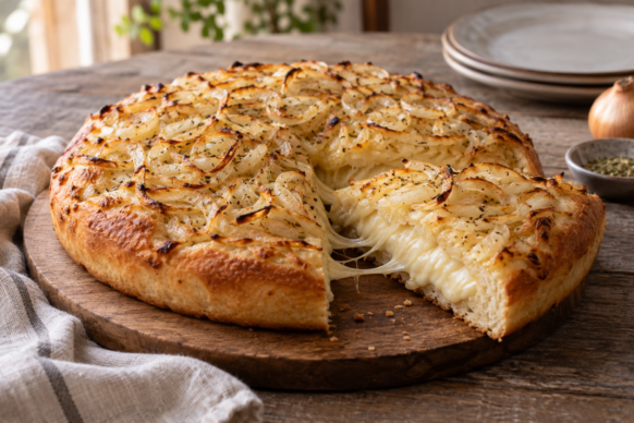 Fugazzeta rellena de mozzarella con cebolla dorada