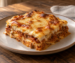 Lasaña de carne y salsa blanca