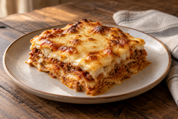 Lasaña de carne y salsa blanca