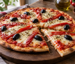 Pizza a la piedra con morrones y aceitunas