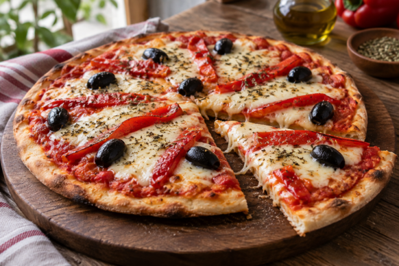 Pizza a la piedra con morrones y aceitunas