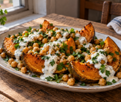 Calabaza asada con garbanzos y yogur