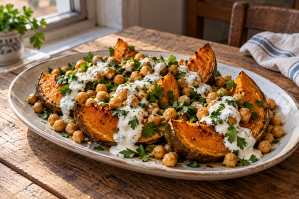 Calabaza asada con garbanzos y yogur