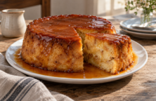 Budín de pan casero bañado en caramelo con una porción cortada