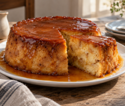 Budín de pan casero bañado en caramelo con una porción cortada