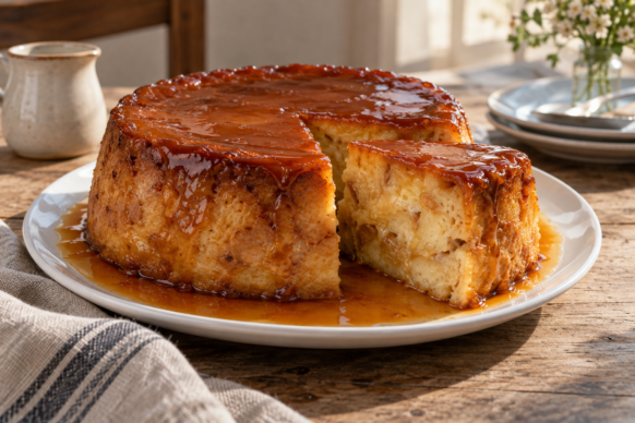 Budín de pan casero bañado en caramelo con una porción cortada