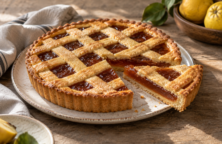 Pastafrola de membrillo con enrejado de masa y una porción cortada