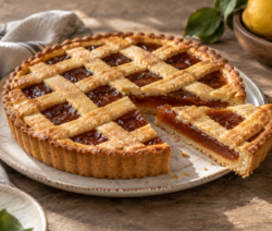 Pastafrola de membrillo con enrejado de masa y una porción cortada