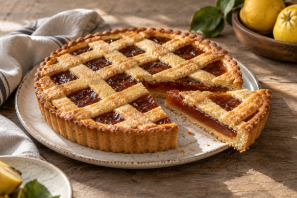 Pastafrola de membrillo con enrejado de masa y una porción cortada