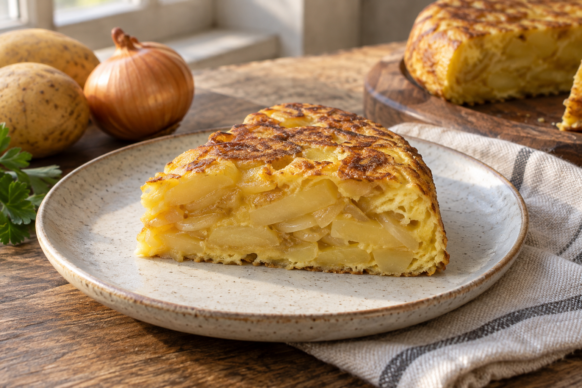 Tortilla de papas y cebolla bien cocida