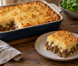 Pastel de papas argentino gratinado con relleno de carne y huevo