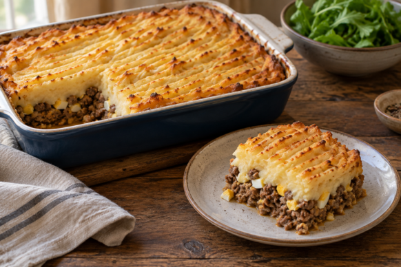 Pastel de papas argentino gratinado con relleno de carne y huevo