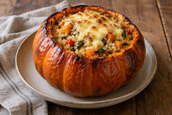 Zapallo relleno de arroz y verduras